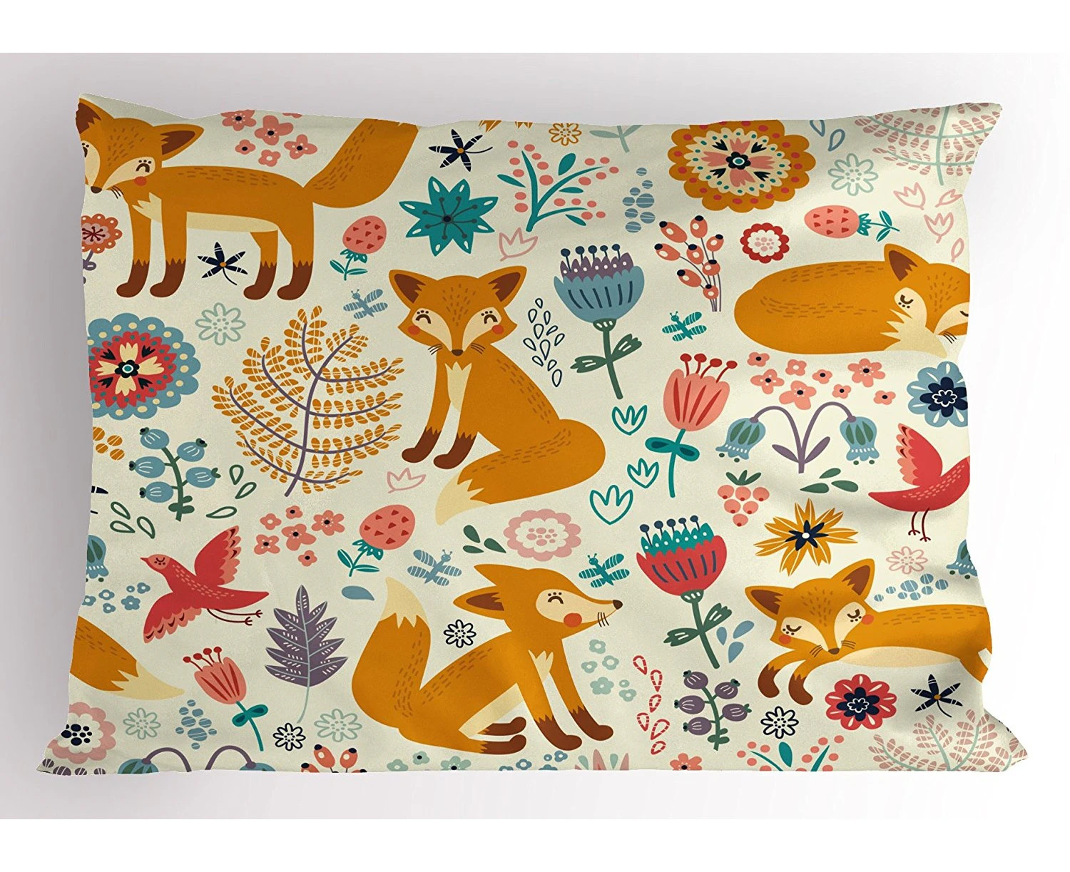 (80cm  W By 50cm  L, Multi 1) - Fox Pillow Sham by Ambesonne, Natural Wildlife Composition with Cute Foxes Ornate Flowers Flying Birds Kids Nursery, Decora