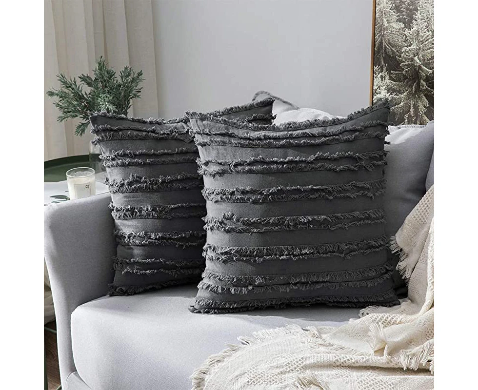 (60cm  x 60cm , Dark Grey) - MIULEE Set of 2 Decorative Boho Throw Pillow Covers Cotton Linen Striped Jacquard Pattern Cushion Covers for Sofa Couch Living