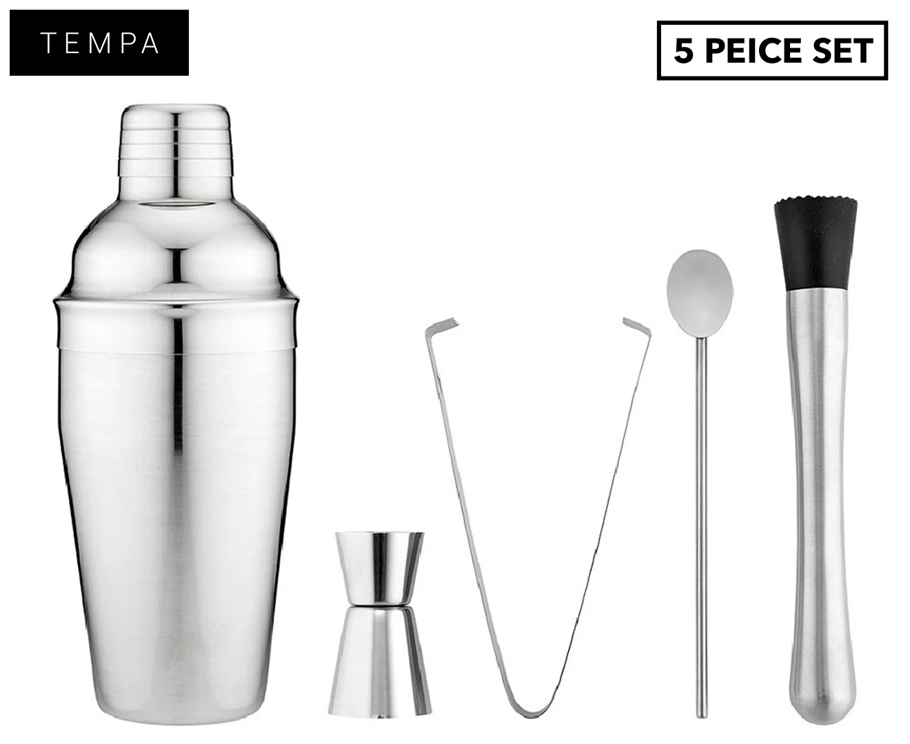 5pc Tempa Aurora Silver Cocktail Set Muddler/Tongs/Stirring Spoon/Jigger/Shaker