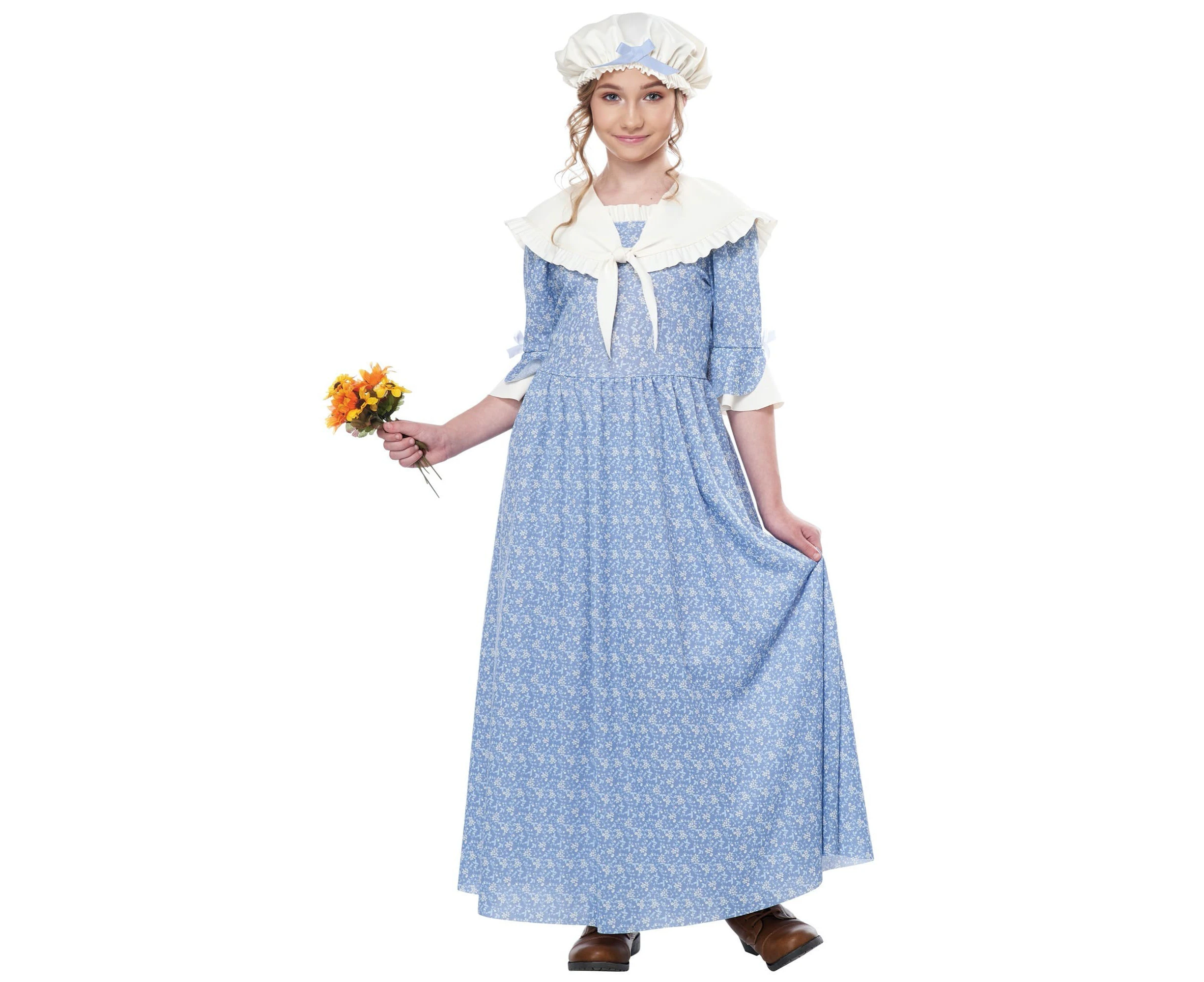 Colonial Village Girl Pioneer Pilgrim Frontier Olden Day Book Week Girls Costume - Blue