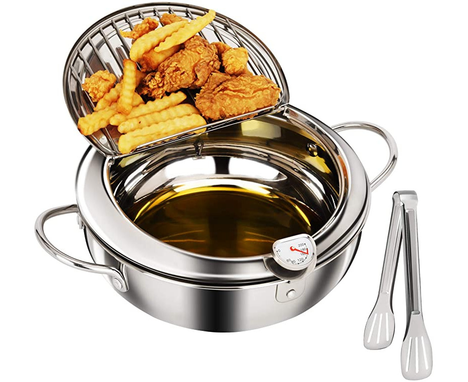 Banggood 24cm Fryer with Thermometer and Lid 2L 304 Stainless Steel Oil Filter Pot for Kitchen