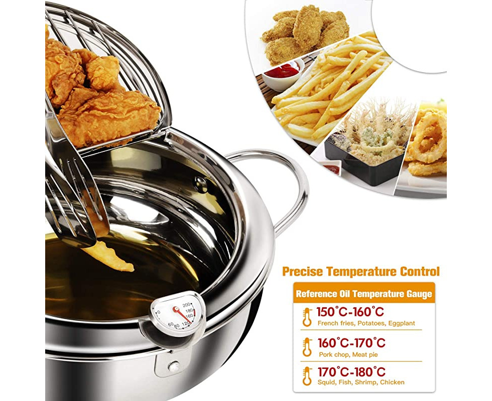 Dark Green Deep Fryer Pot Stainless Steel Japanese Style Fryer With A  Thermometer And Oil Drip Drainer Rack For French Fries Shrimp Chicken Fish