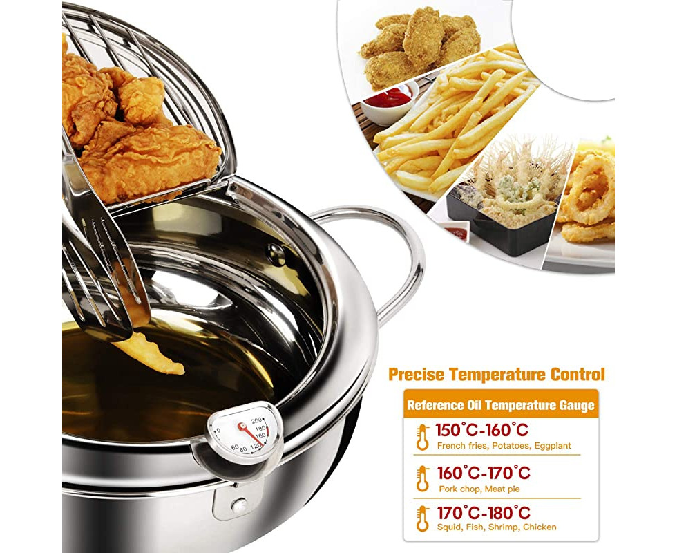 Banggood 24cm Fryer with Thermometer and Lid 2L 304 Stainless Steel Oil Filter Pot for Kitchen