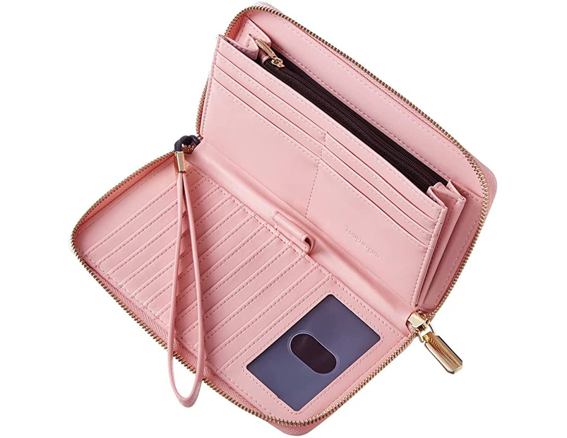 (Pink) - Toughergun Womens Large Capacity Wallet Genuine Leather RFID Blocking Purse Credit Card Zip Around Clutch Wristlet(Pink)