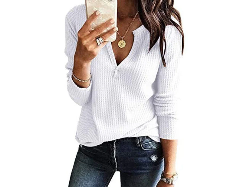 Strapsco Womens V Neck Shirts Long Sleeve Waffle Knit Loose Fitting Warm Pullover Sweaters-White-5888