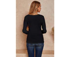 Strapsco Womens V Neck Shirts Long Sleeve Waffle Knit Loose Fitting Warm Pullover Sweaters-Black-5888