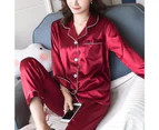MasBekTe Women's Plain Satin Pyjamas Long Sleeve Soft Sleepwear Nightwear Sets - Red