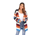 Strapsco Womens Color Block Striped Cardigan Long Sleeve Casual Knit Sweaters Coat-Orange Strips-T3016