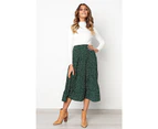 Strapsco Womens High Waist Skirt Polka Dot Pleated Midi Maxi Swing Skirt High Elastic-Green-0387