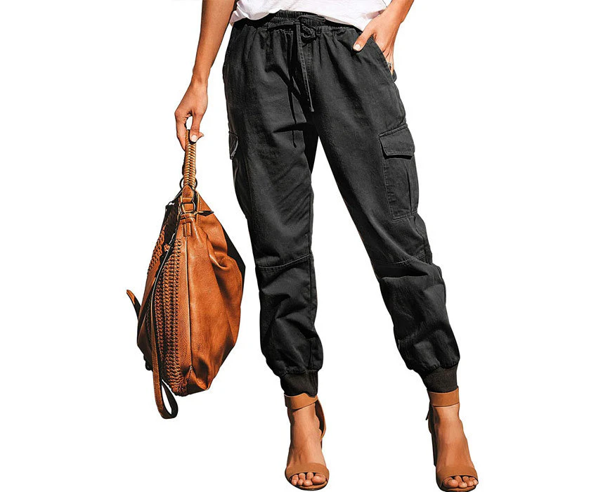 Strapsco Women's Fashion Waist Cargo Pants Drawstring Trousers with Pockets-Black-D29