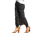 Strapsco Women's Fashion Waist Cargo Pants Drawstring Trousers with Pockets-Black-D29
