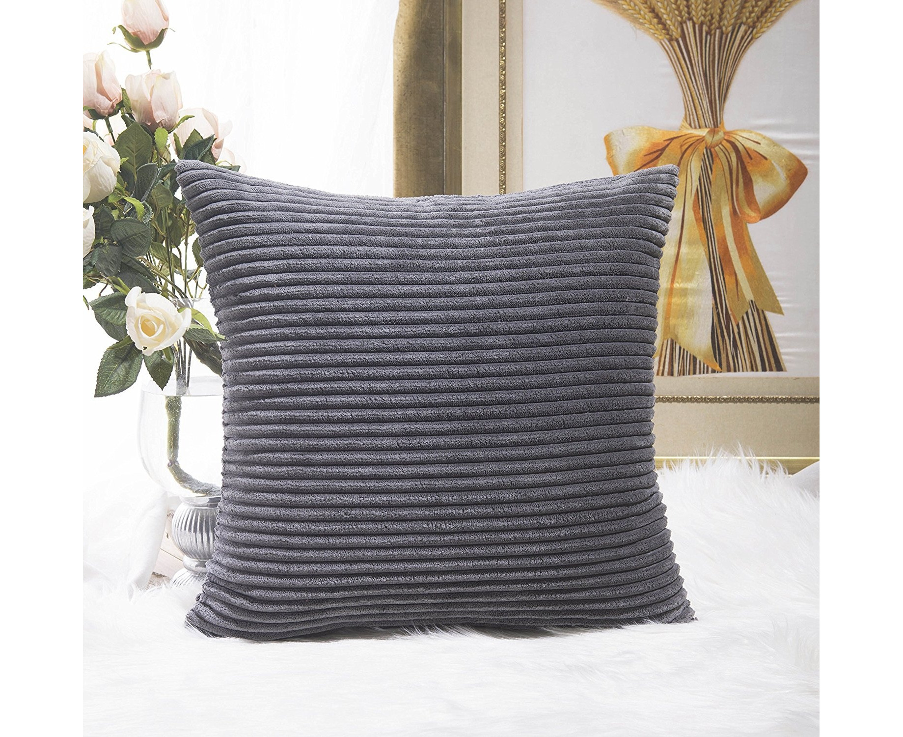 Home Brilliant Decor Super Soft Plush Corduroy Striped Christmas Throw Pillow Cushion Covers for Sofa/Couch/Bed, 46cm x 46cm (45x 45)