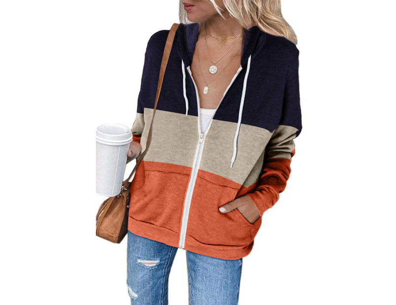 Strapsco Women Long Sleeve Zip-Up Hoodie Stitching Sweatshirt Coat-Navy-7056