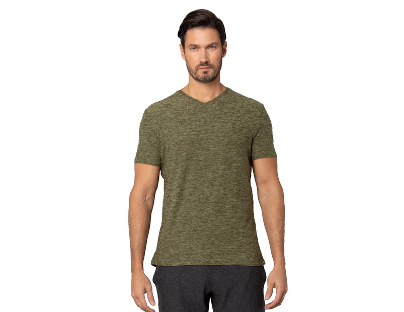 Kyodan Mens V-Neck Short Sleeve Breathable Soft Moss Jersey T-Shirt Green - Olive Heather