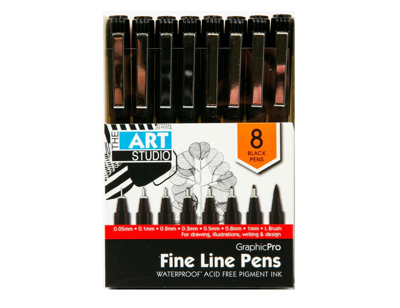 AS Black Waterproof Pigment Liner Pens 8pk