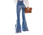 Strapsco Women Flare Jeans Elastic Waist Bell Bottom Denim Ripped Pants-Sky Blue-9026