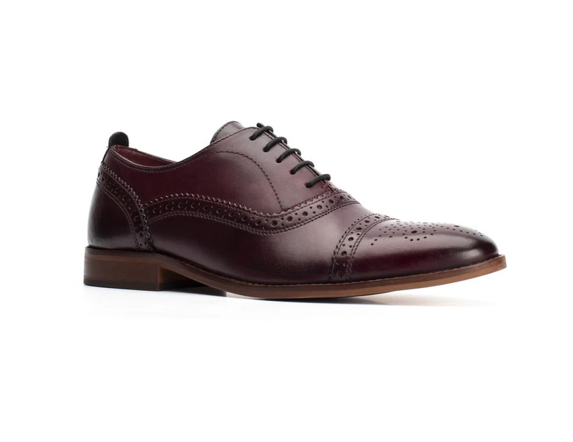 Base London Mens Cast Washed Lace Up Leather Brogue Shoe (Dark Red) - FS6956