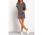 Strapsco Women's Casual Short Sleeve Round Neck Striped T Shirt Short Mini Dress-Gray-20213001