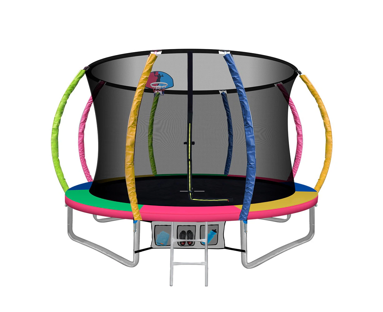 10FT Trampoline Round Trampolines With Basketball Hoop Kids Present Gift Enclosure Safety Net Pad Outdoor Multi-coloured