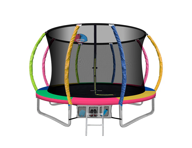 10FT Trampoline Round Trampolines With Basketball Hoop Kids Present Gift Enclosure Safety Net Pad Outdoor Multi-coloured