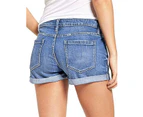Strapsco Women's Ripped Jean Shorts Mid Rise Stretchy Folded Hem Hot Pants-Blue-UX11323