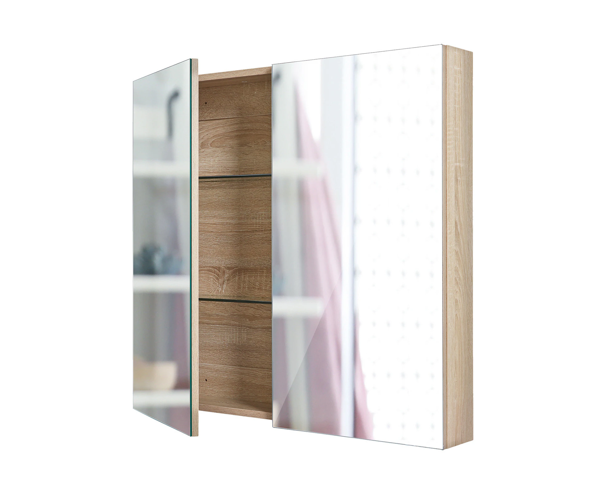 La Bella Oak Bathroom Mirror Cabinet Wall Twin Door Shaving Storage 60 x 72 cm