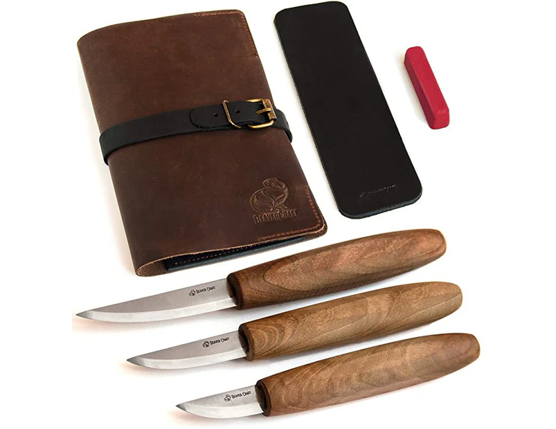 (Whittling Kit S19x) - BeaverCraft Deluxe Wood Carving Tools Kit S19x - Whittling Kit Wood Carving Knives Set with Leather Strop and Polishing Compound in