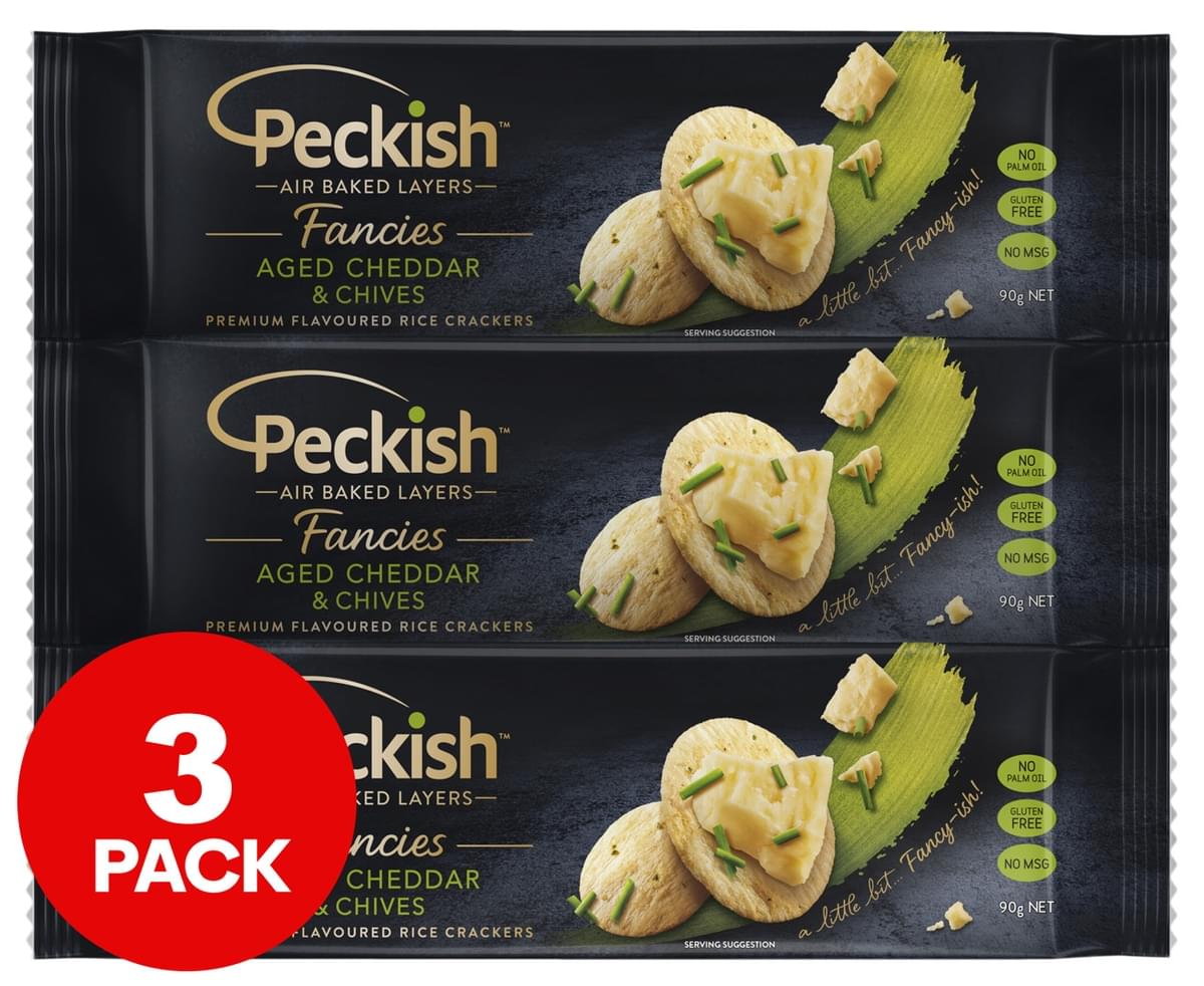 3 x Peckish Fancies Rice Crackers Aged Cheddar & Chives 90g | Catch.com.au
