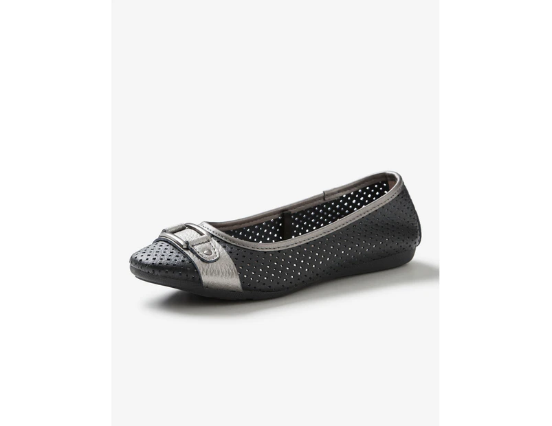 Rivers Leathersoft Trim Ballet Flat Shoes - Womens - Black/Pewter