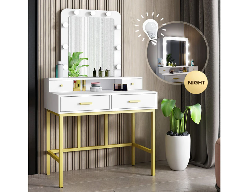 Hollywood Mirror Makeup Vanity Dressing Table 9 LED Lights 4 Drawers for Bedroom White and Gold