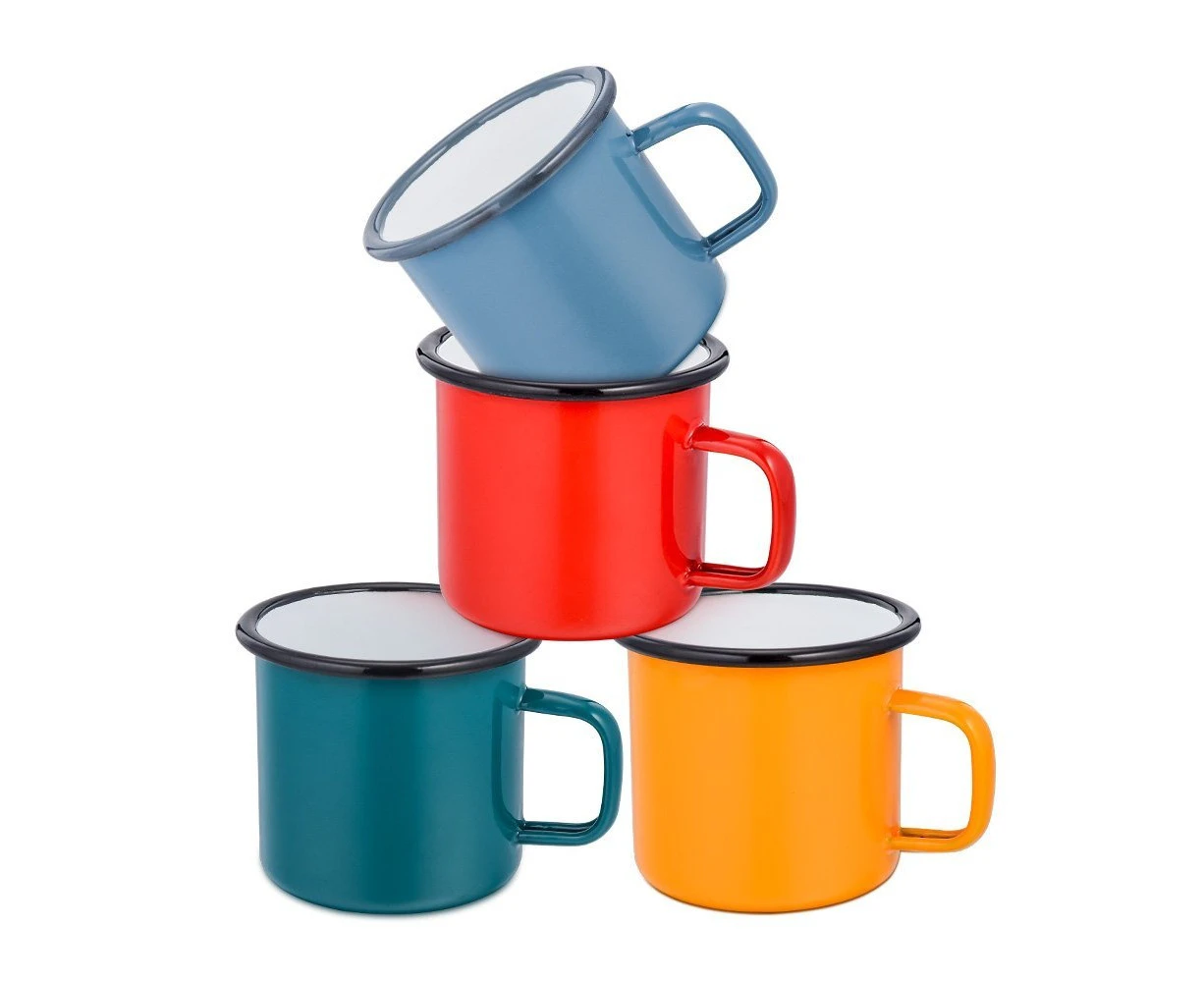 Enamel Camping Mug Set of 6, E-far 16 Ounce Colourful Metal Enamel Coffee Tea Cups Mugs for Camping Hiking Backpacking, 2-Sided Unique Graphic Design