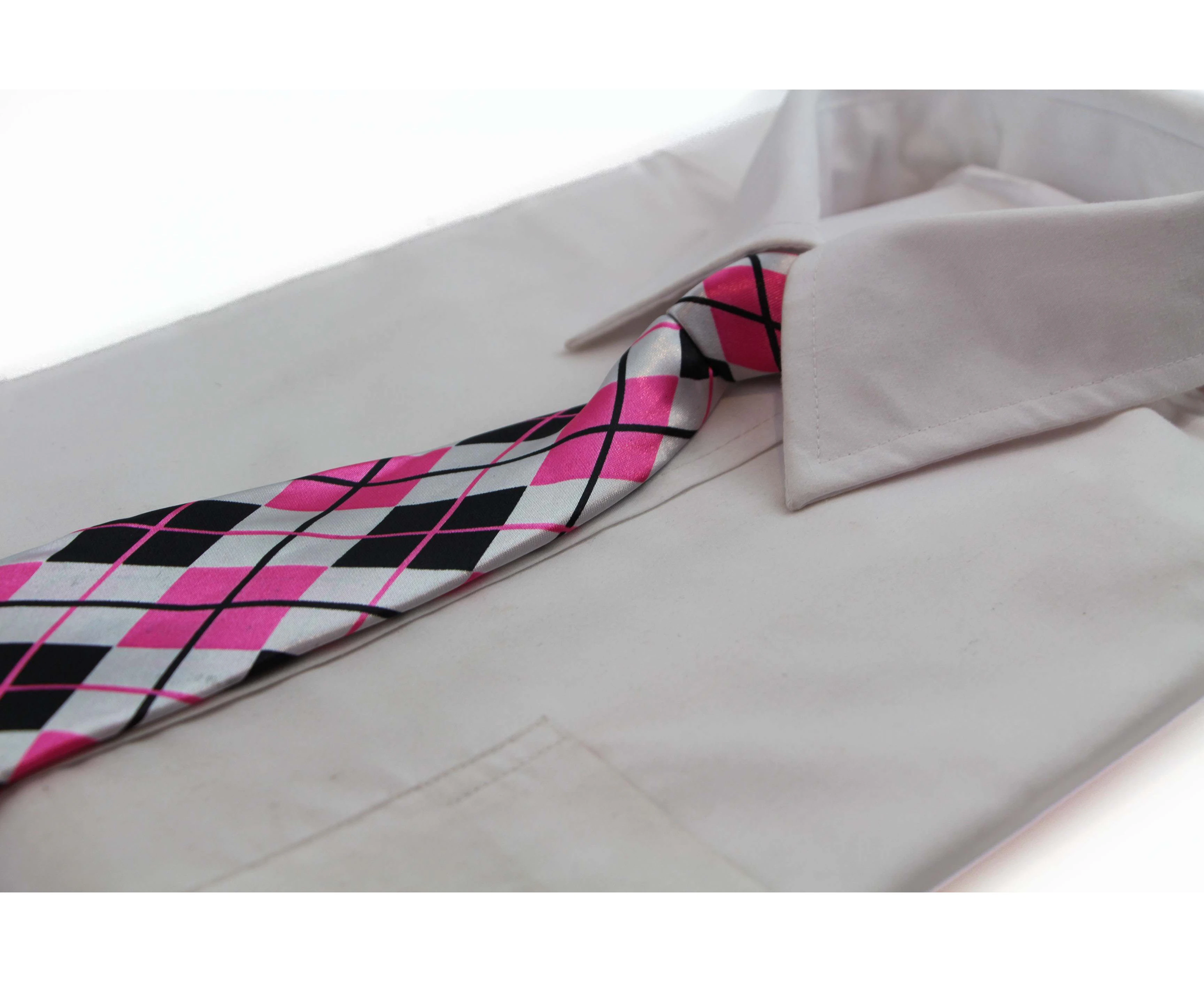 Kids Boys Pink, White & Black Patterned Elastic Neck Tie - Criss Cross Pink Polyester