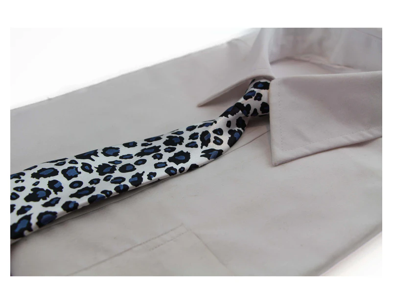 Kids Boys Black & Navy Patterned Elastic Neck Tie - Leopard White Polyester