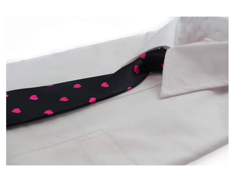 Kids Boys Black & Pink Patterned Elastic Neck Tie - Love Hearts Polyester