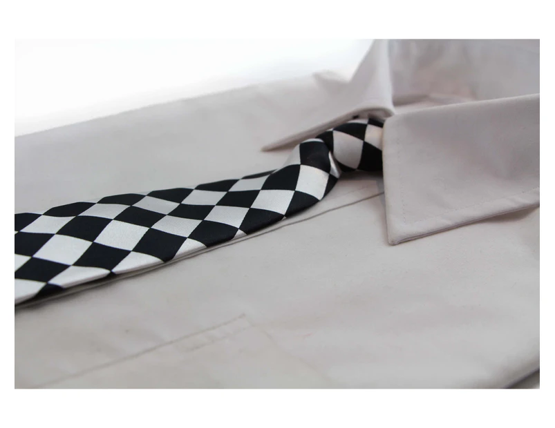 Kids Boys Black & White Patterned Elastic Neck Tie - Big Checkers Polyester