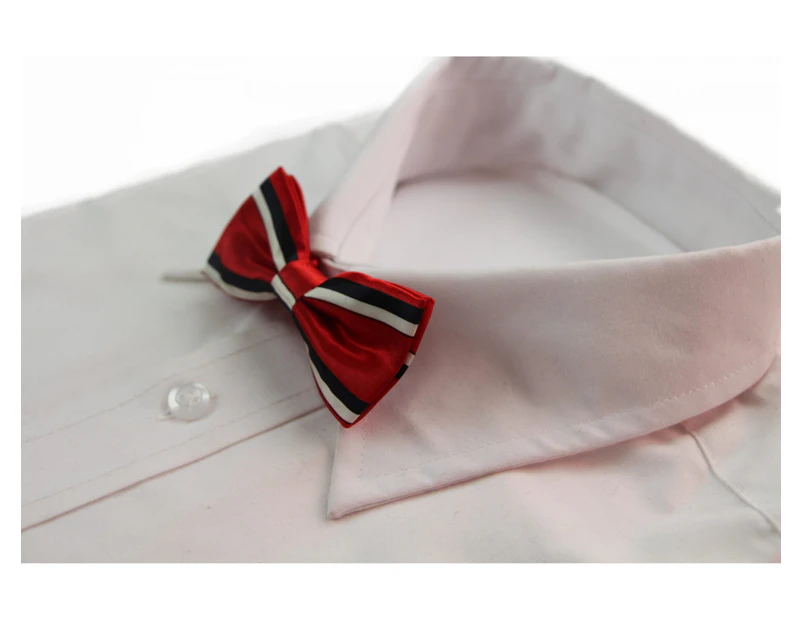 Boys Red With Black & White Stripes Patterned Bow Tie Polyester