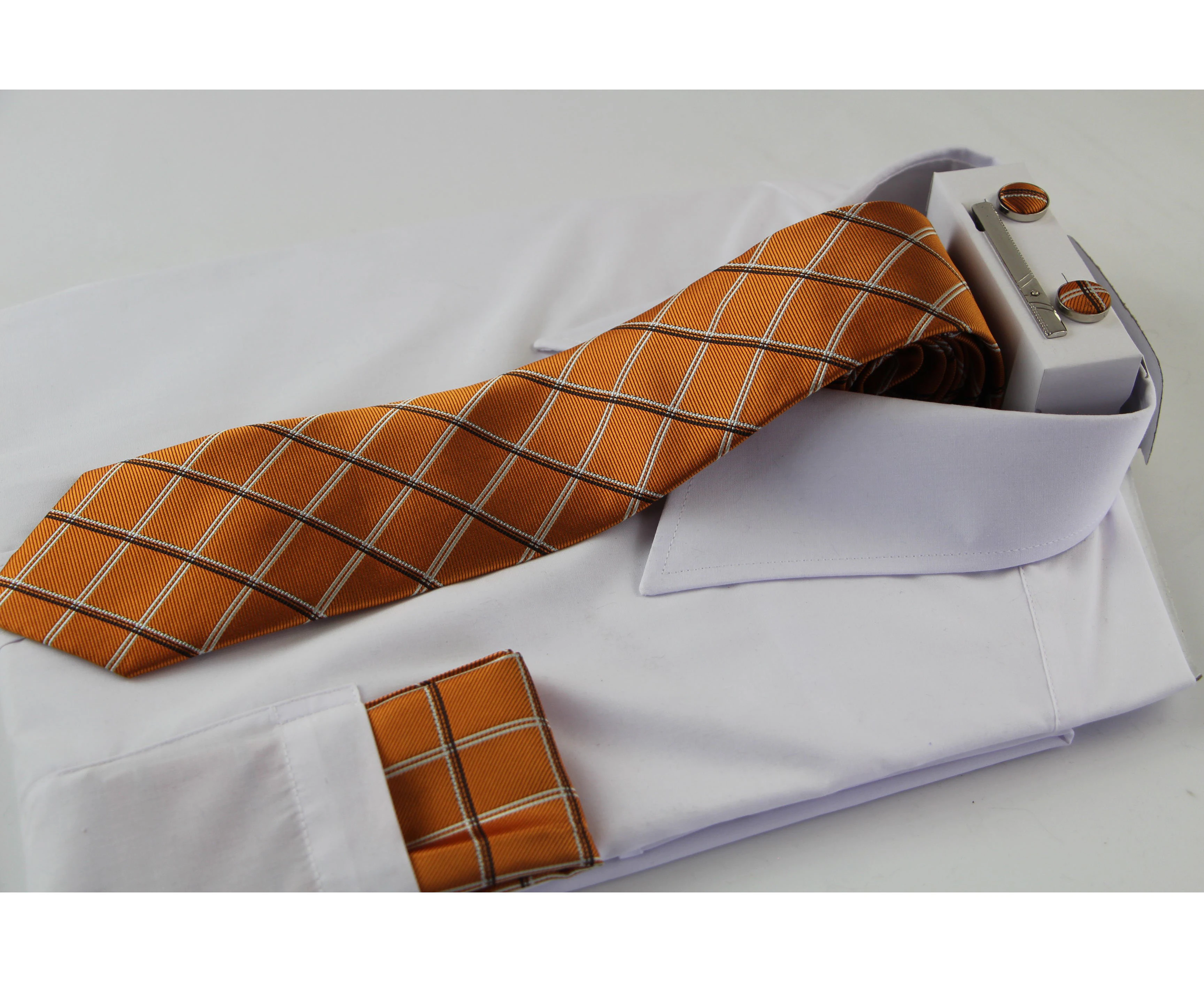 Mens Orange & White Checkered Matching Neck Tie, Pocket Square, Cuff Links And Tie Clip Set Polyester