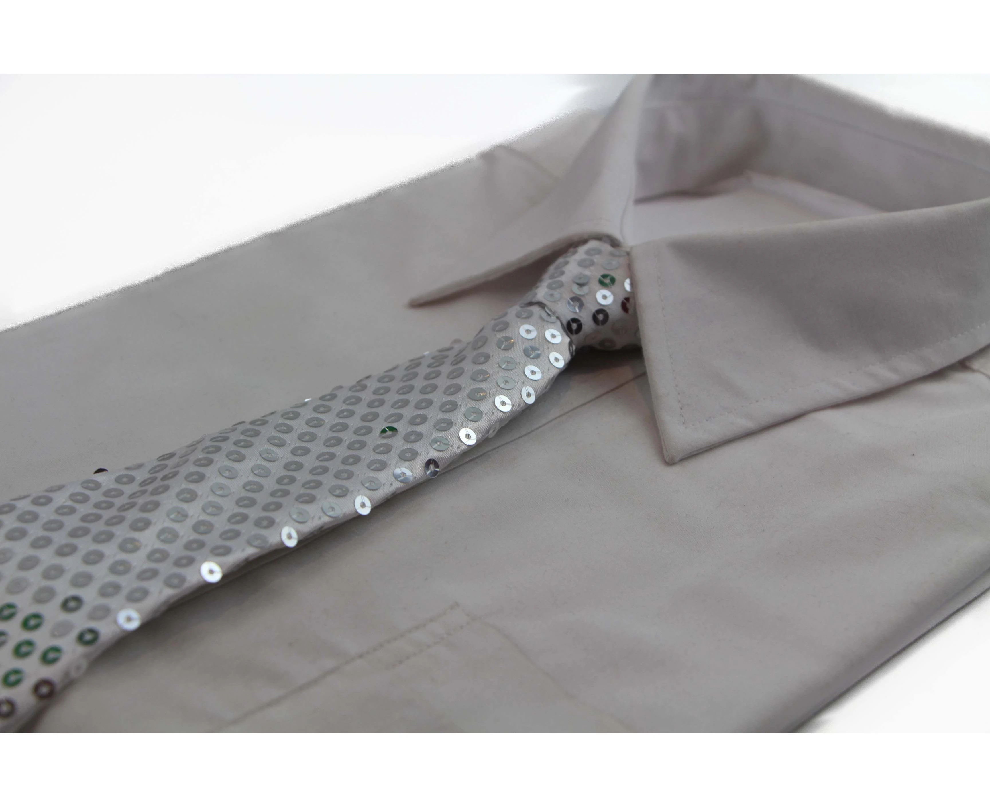 Teen Boys Kids White Silver Sequin Elastic Neck Tie Polyester