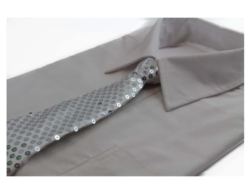 Teen Boys Kids White Silver Sequin Elastic Neck Tie Polyester