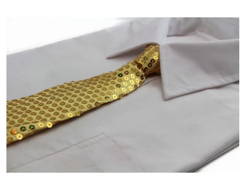 Teen Boys Kids Yellow Gold Sequin Elastic Neck Tie Polyester