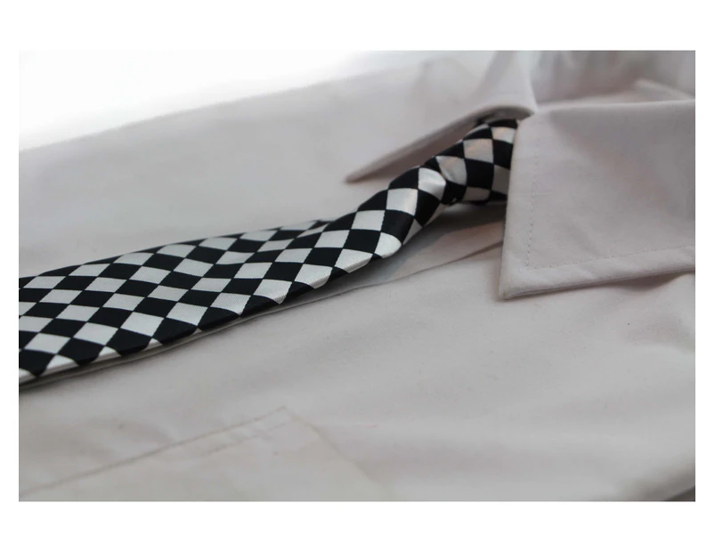 Kids Boys Black & White Patterned Elastic Neck Tie - Small Checkers Polyester