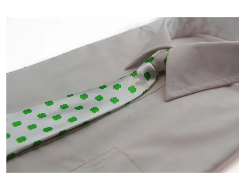 Kids Boys White & Green Patterned Elastic Neck Tie - Four Leaf Clover Polyester