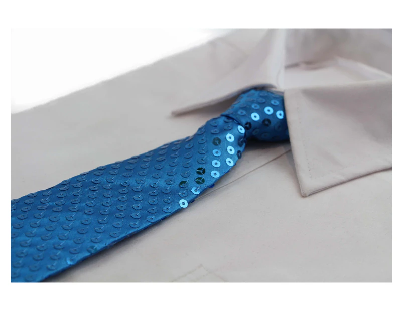 Teen Boys Kids Aqua Blue Sequin Elastic Neck Tie Polyester