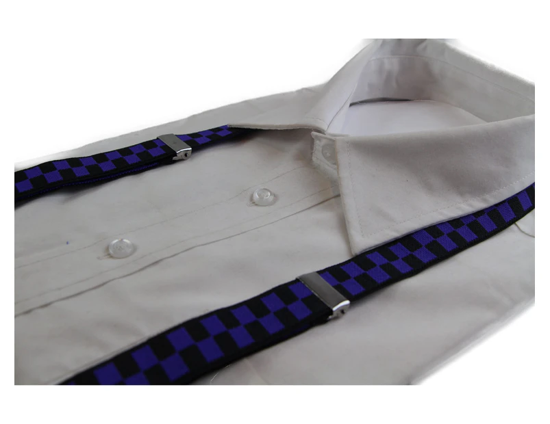Mens Adjustable Black & Dark Purple Checkered Patterned Suspenders Fabric
