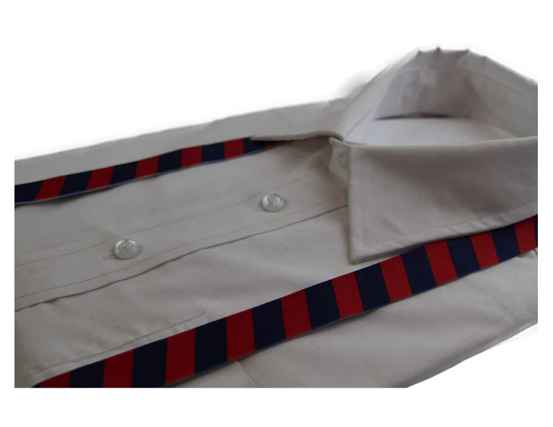 Boys Adjustable Red & Navy Diagonal Striped Patterned Suspenders Fabric