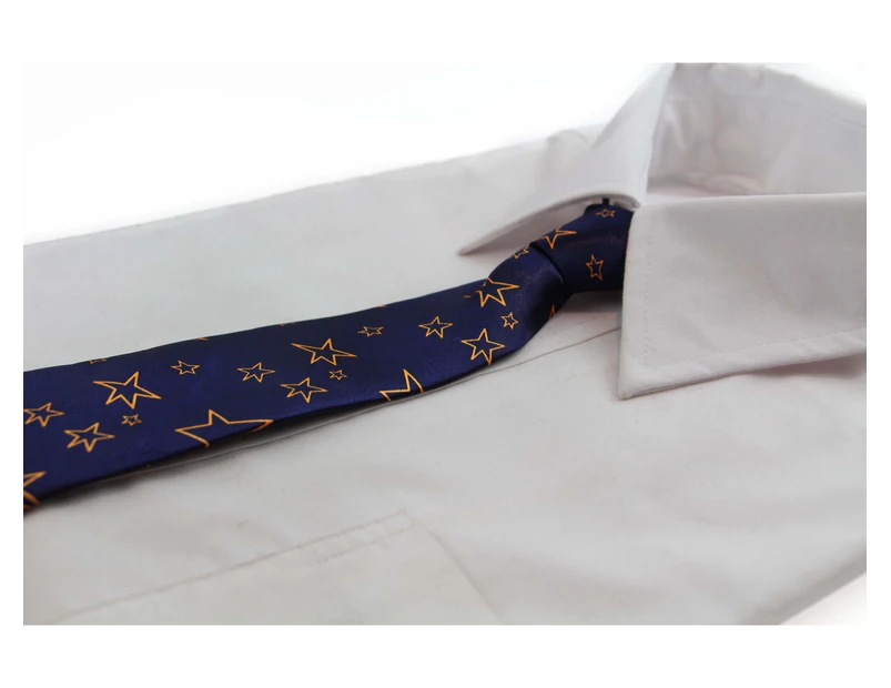 Kids Boys Navy & Orange Patterned Elastic Neck Tie - Star Outlines Polyester