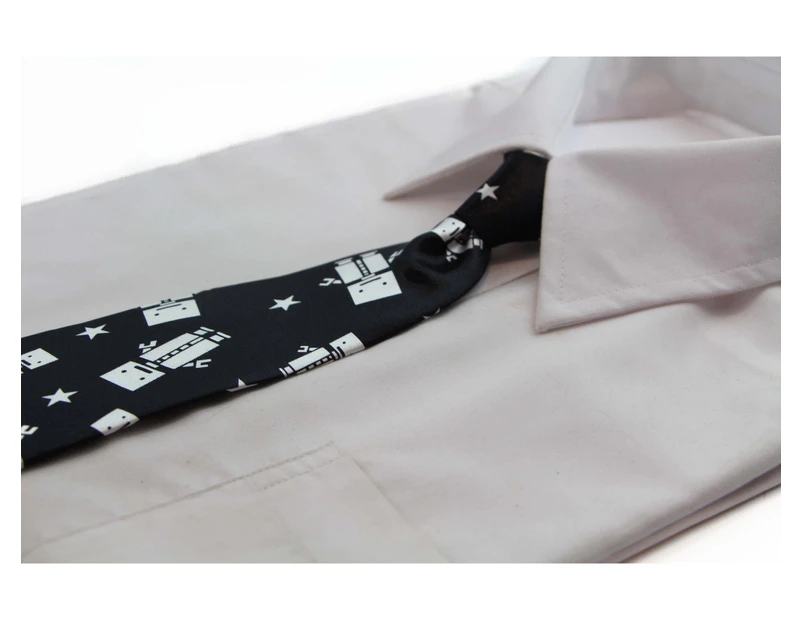 Kids Boys Black & White Patterned Elastic Neck Tie - Robot Polyester