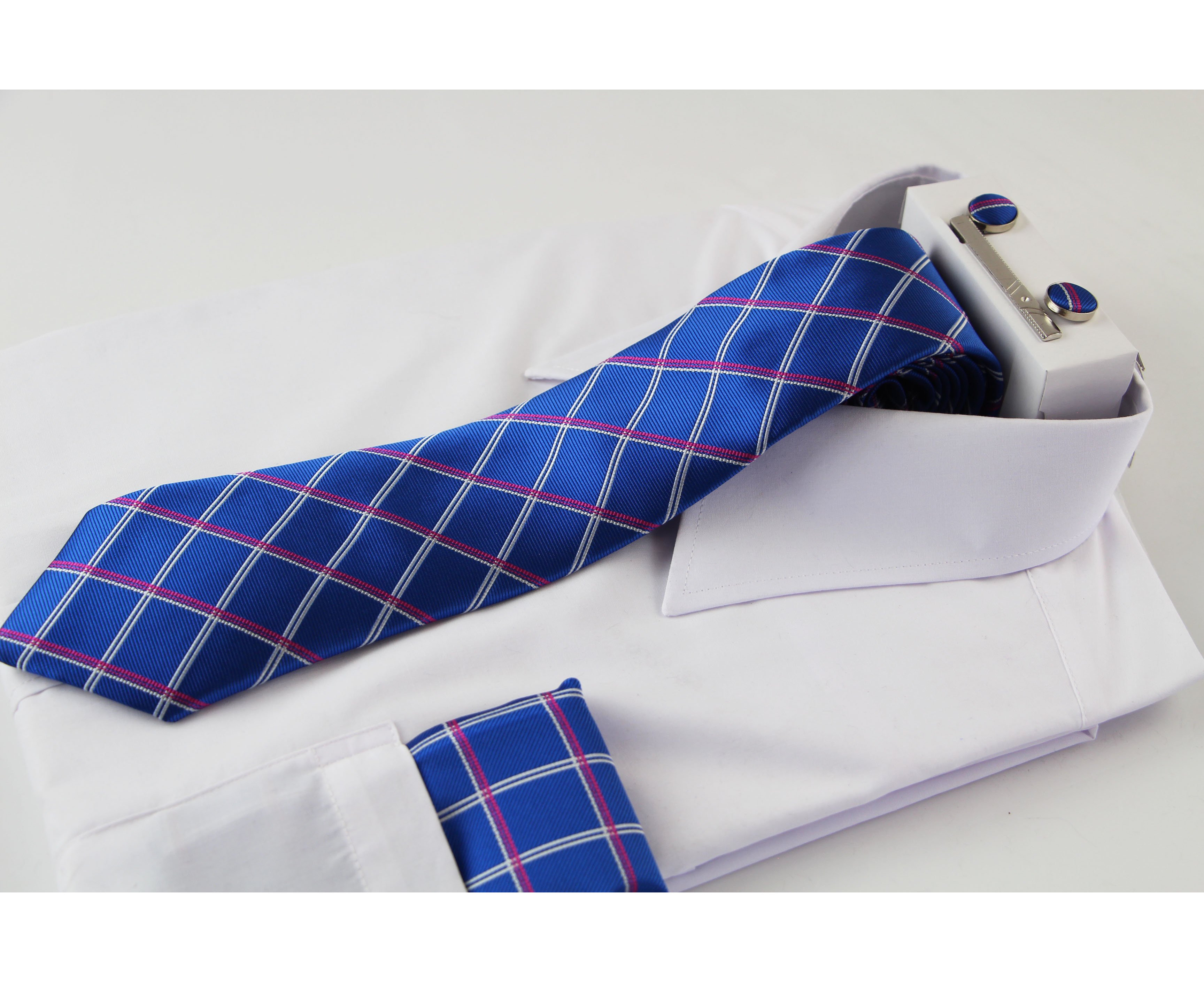 NINIRUSI Set: Print Neck Tie + Pocket Square + Tie Clip + Cufflinks (Various Designs) Blue/Silver One Size