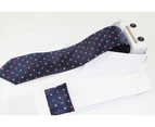 Mens Navy With Red & White Floral Matching Neck Tie, Pocket Square, Cuff Links And Tie Clip Set Polyester