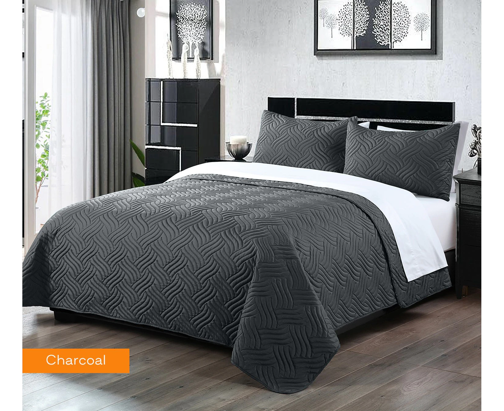 Home Fashion 3 Pcs Soft Premium Bed Embossed Coverlet Queen King Charcoal